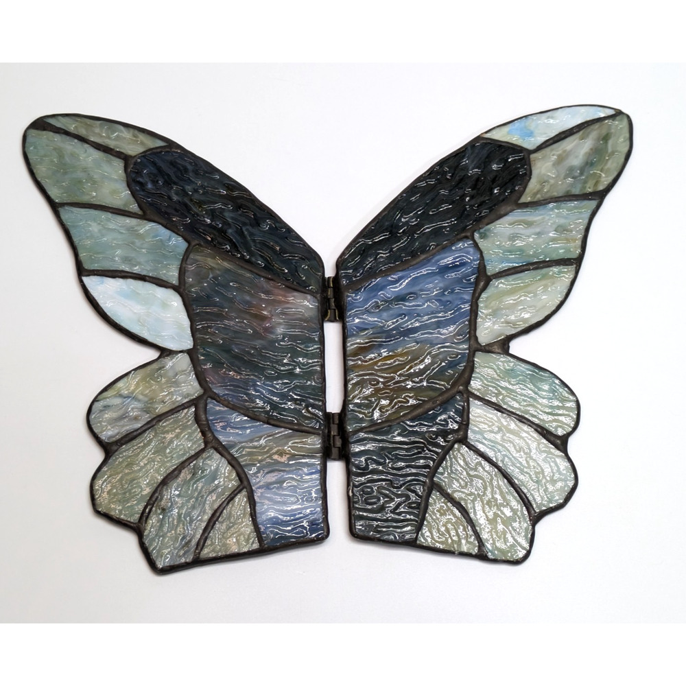 Blue Stained Slag Glass Butterfly Figurine Desk/Dresser Suncatcher Folds 7.5"